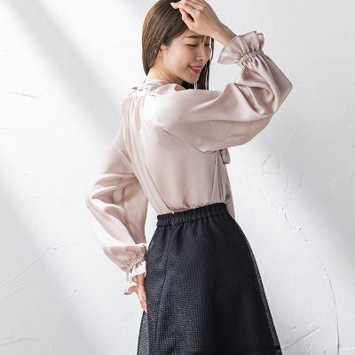 サテン楊柳ボウタイブラウス≪洗濯機で洗える≫