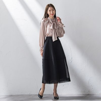 サテン楊柳ボウタイブラウス≪洗濯機で洗える≫
