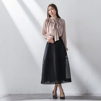 サテン楊柳ボウタイブラウス≪洗濯機で洗える≫