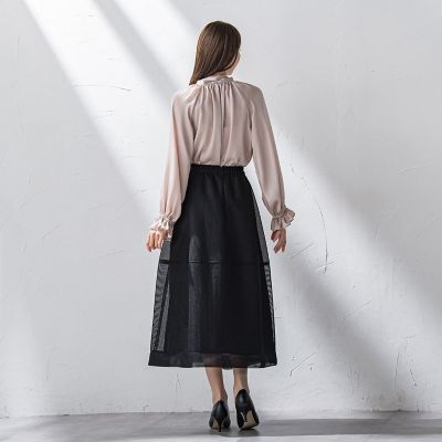 サテン楊柳ボウタイブラウス≪洗濯機で洗える≫