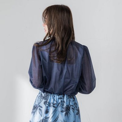 【極美品】ジバンシーフォーマル　長袖ブラウス　ブルー　総柄　ベロア調　L サイドリボンオーガンジーデニムブラウス | Viaggio Blu (Women