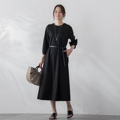 【ＷＥＢ限定】【ロング丈あり】ベルト付きタックスリーブワンピース≪洗える≫