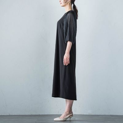アチェローザバックサテン袖プリーツワンピース≪洗濯機で洗える≫