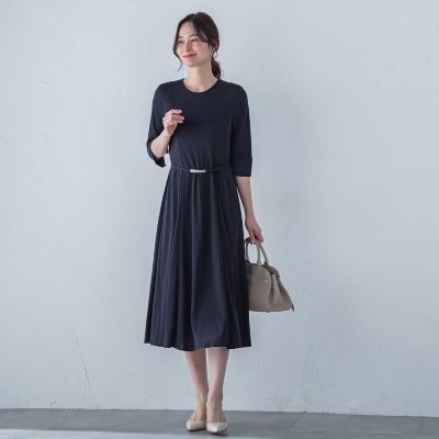 ５分袖フィット＆フレアーワンピース≪洗濯機で洗える≫