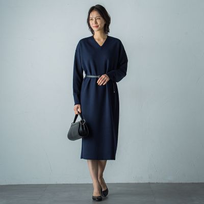 WEB限定】Vネックニットワンピース≪丈長めあり／手洗い可能