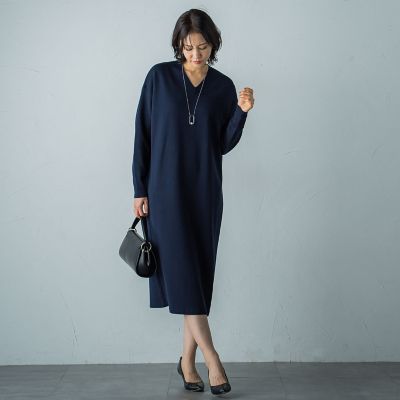 WEB限定】Vネックニットワンピース≪丈長めあり／手洗い可能
