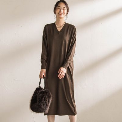 WEB限定】Vネックニットワンピース≪丈長めあり／手洗い可能