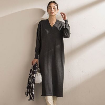WEB限定】Vネックニットワンピース≪丈長めあり／手洗い可能