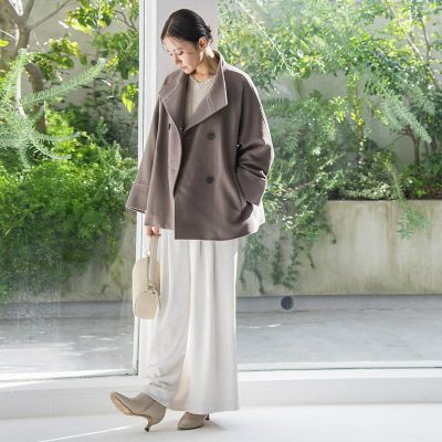 美品⁑プルミエアロンディスモン　ジャガードウールブレンド ノーカラーコート　総柄 配色ラインワイドスリーブノーカラーロングコート（ノーカラー