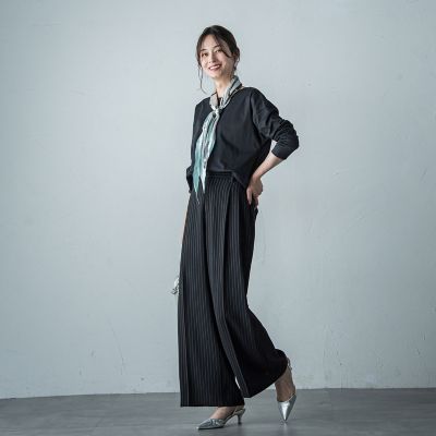 タックワイドストライプパンツ≪洗濯機で洗える≫