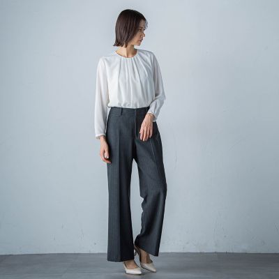 両面起毛ヘリンボンワイドパンツ≪洗濯機で洗える≫