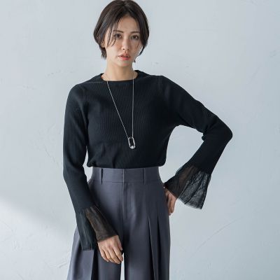 【洗えるニット】袖シアーリブニット