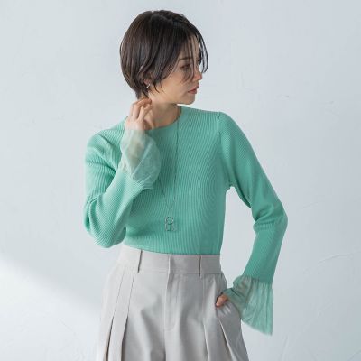 【洗えるニット】袖シアーリブニット