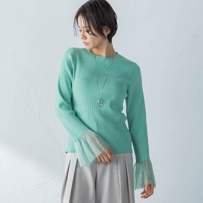 【洗えるニット】袖シアーリブニット