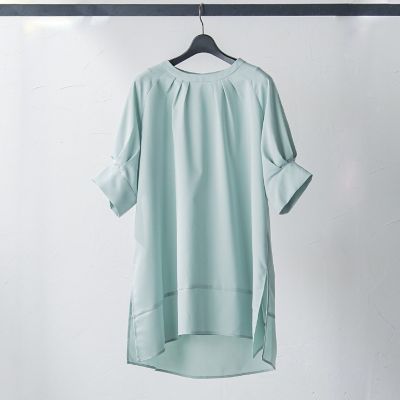 美品 ロートレアモン 接触冷感 ストレッチチュニックブラウス 半袖 洗える WEB限定】接触冷感ストレッチチュニックブラウス≪洗濯機で