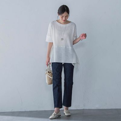綿麻ラッセル５分袖ブラウス≪手洗い可能≫