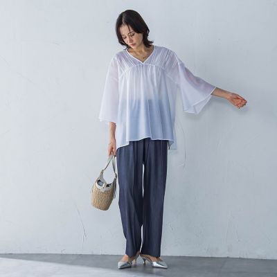 ピンタックレースチュニックブラウス≪手洗い可能≫