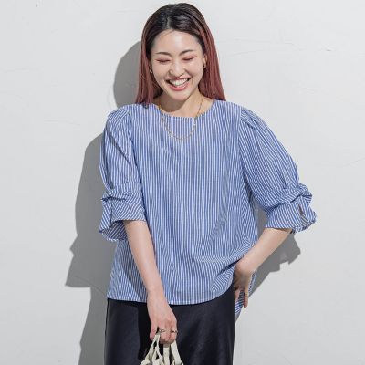 ＜LAUTREAMONT (Women)＞【ＷＥＢ限定】ラメストライプ袖タックブラウス　≪手洗い可能≫