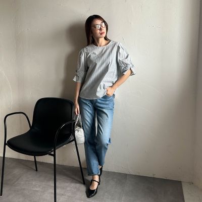 【ＷＥＢ限定】ラメストライプ袖タックブラウス　≪手洗い可能≫
