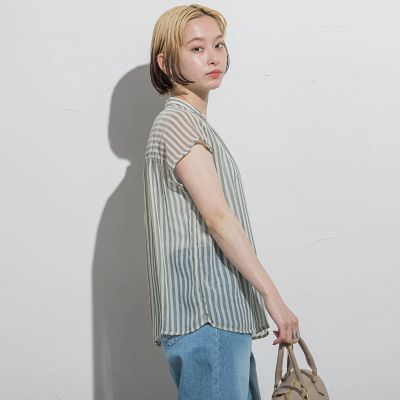 ＜LAUTREAMONT (Women)＞【ＷＥＢ限定】シアーストライプクルーネックブラウス≪手洗い可能≫