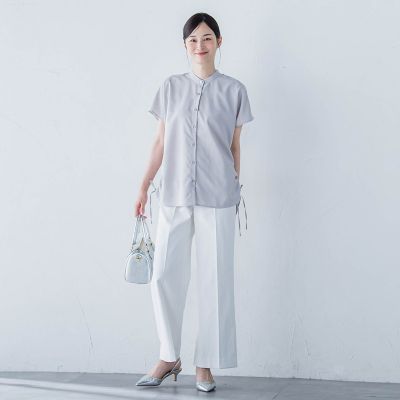 【ＷＥＢ限定】フィルムストライプギャザーブラウス　≪手洗い可能≫