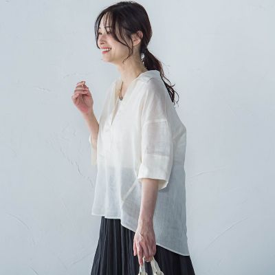 シアーリネンＶネックブラウス≪手洗い可能≫
