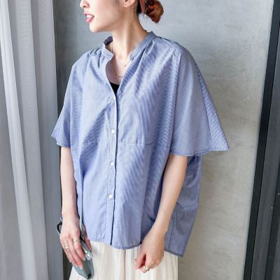 WEB限定】キュプラ混ストライプバンドカラーブラウス ≪手洗いOK