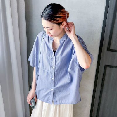WEB限定】キュプラ混ストライプバンドカラーブラウス ≪手洗いOK 