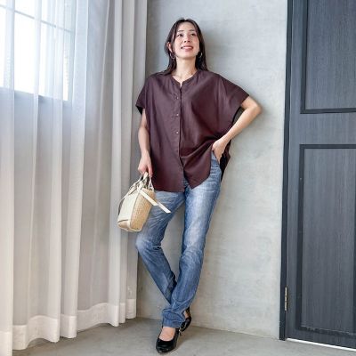 WEB限定】レーヨンリネンポプリンVネックブラウス
