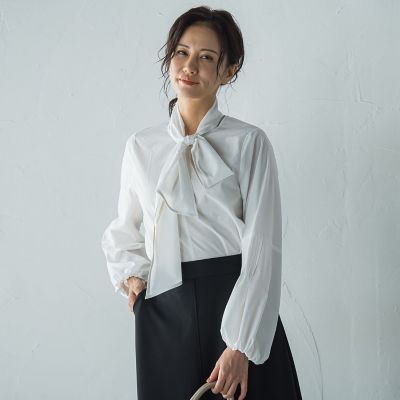 【ホワイト】変形フォルムブラウス 送料無料】ストレッチブラウス M-LL 洗える 長袖 レディース トップス