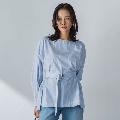 ＜LAUTREAMONT (Women)＞ボートネックコットンポプリンストライプブラウス