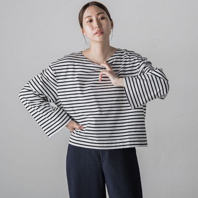 ワイドスリーブボーダーカットソー≪洗濯機で洗える／吸水速乾／紫外線防止≫