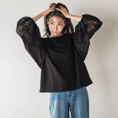biyori】”二の腕すっきり”レース袖カットソー≪手洗い可能