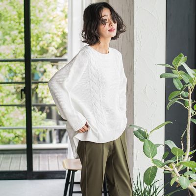 デニム切替ケーブルニット