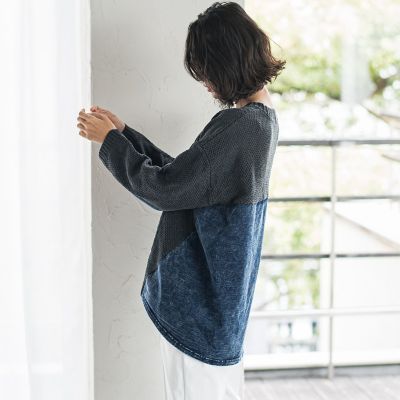 デニム切替ケーブルニット
