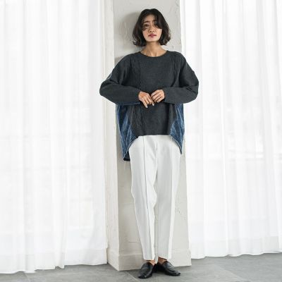 デニム切替ケーブルニット