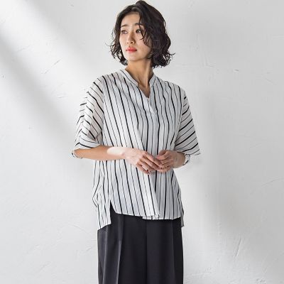 半袖ストライプブラウス≪洗濯機で洗える≫