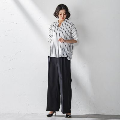 半袖ストライプブラウス≪洗濯機で洗える≫