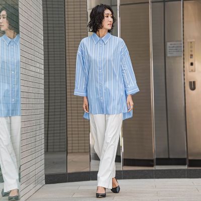 オーバーサイズストライプシャツ≪洗濯機で洗える≫