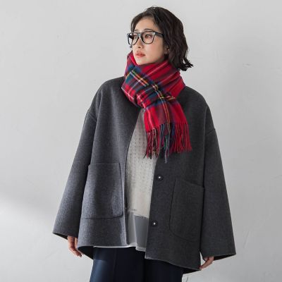♡新品♡ MOON チェック柄マフラー ウール混紡 グレー/ブラック/レッド トラッド チェック柄×ふんわりファー＊異素材マフラー《グレー×レッド