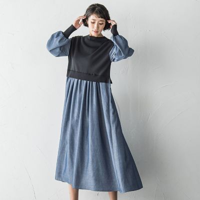 ＜la.f...（Women/大きいサイズ）＞【大きいサイズ】【ｂｉｙｏｒｉ】デニムドッキングニットワンピース≪手洗い可能≫