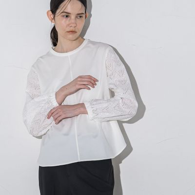 【大きいサイズ】レース刺繍袖ボリュームカットソー≪洗濯機で洗える≫