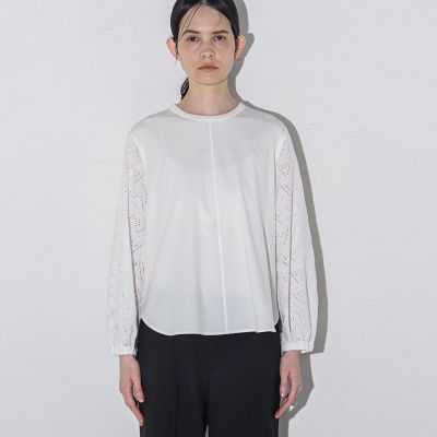 【大きいサイズ】レース刺繍袖ボリュームカットソー≪洗濯機で洗える≫