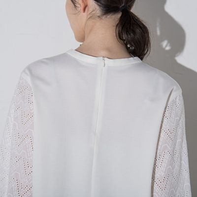 【大きいサイズ】レース刺繍袖ボリュームカットソー≪洗濯機で洗える≫