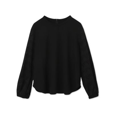 【大きいサイズ】レース刺繍袖ボリュームカットソー≪洗濯機で洗える≫