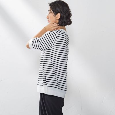 大きいサイズ】Tシャツ風ボーダーニットプルオーバー≪手洗い可能