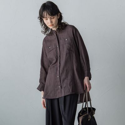 【大きいサイズ】バンドカラーラミーブラウス≪手洗い可能≫