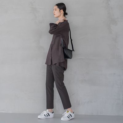 【大きいサイズ】バンドカラーラミーブラウス≪手洗い可能≫