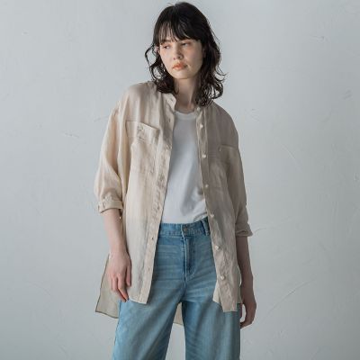 【大きいサイズ】バンドカラーラミーブラウス≪手洗い可能≫