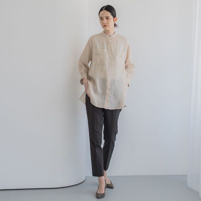【大きいサイズ】バンドカラーラミーブラウス≪手洗い可能≫